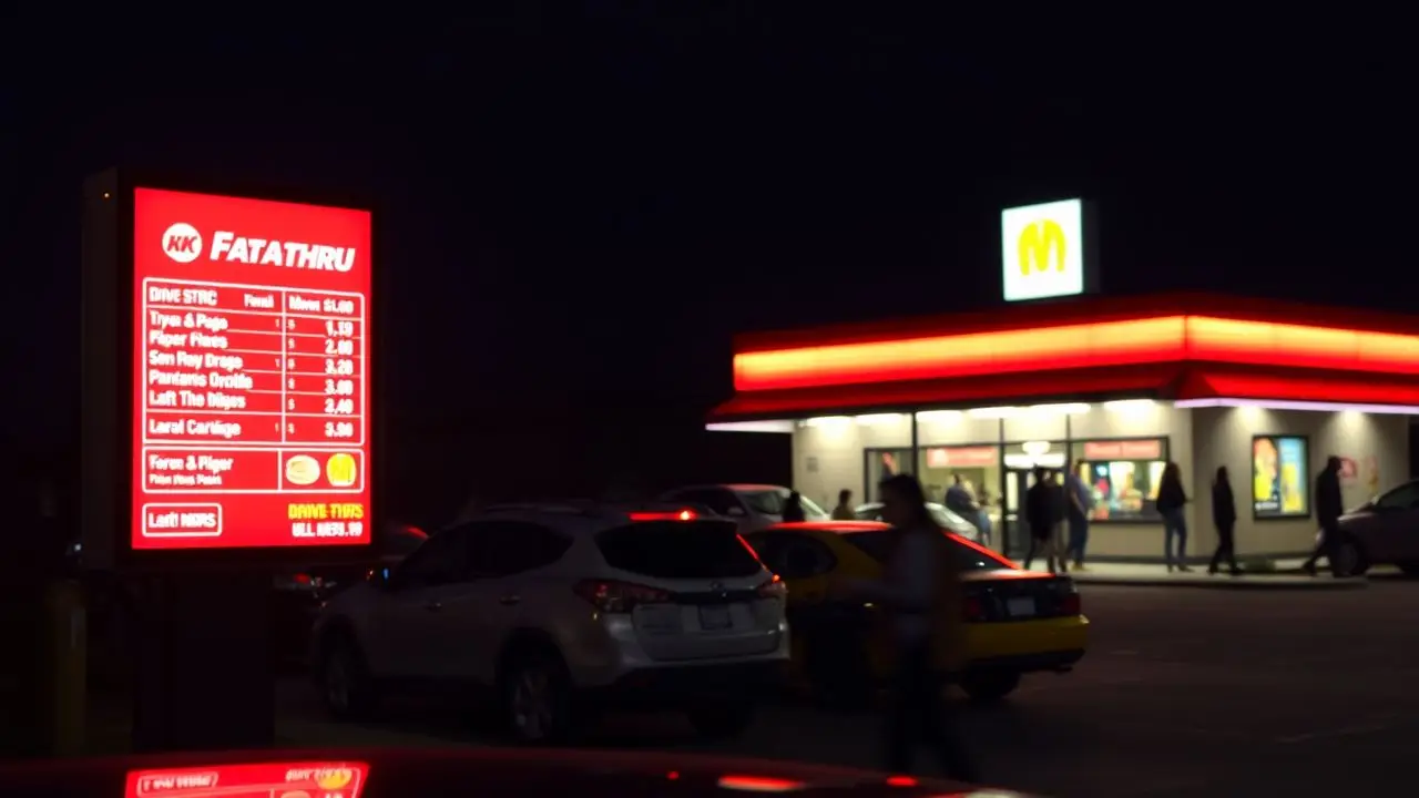 A brightly lit drive-thru digital menu board at a fast food restaurant.