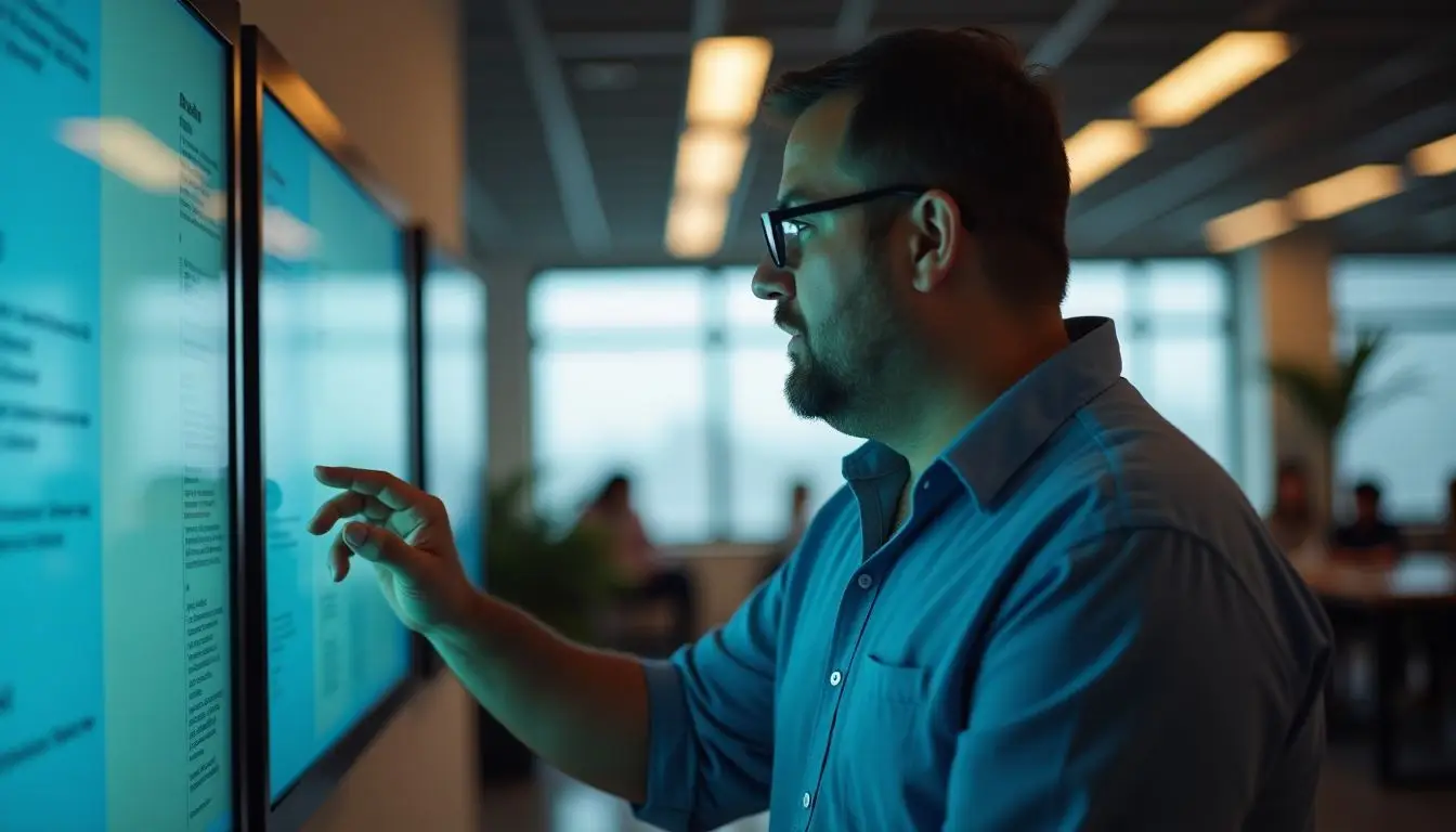 An office worker updating digital signage in a modern workspace.