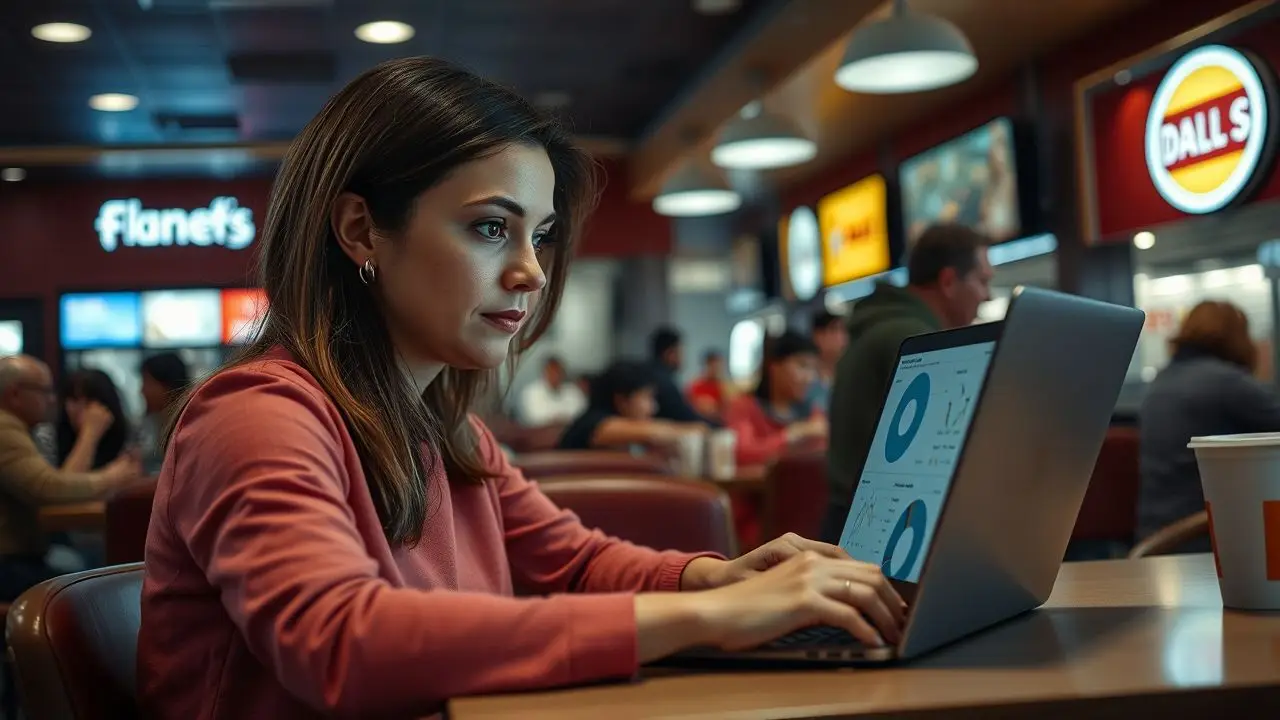 A woman analyzes digital data on her laptop in a fast-food restaurant.