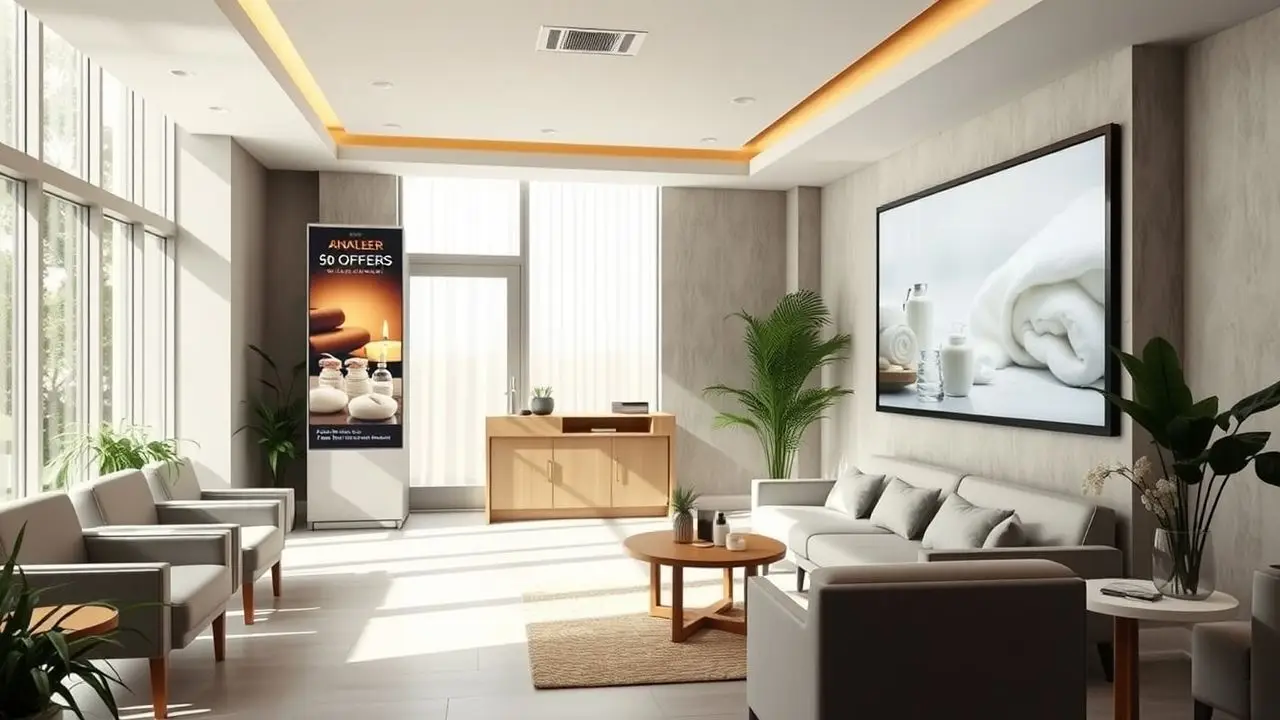 A serene spa reception with modern decor and comfortable seating.