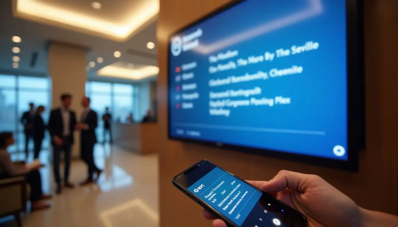 A conference hotel lobby with a digital display showing event schedules. A conference hotel lobby with a digital display showing event schedules.