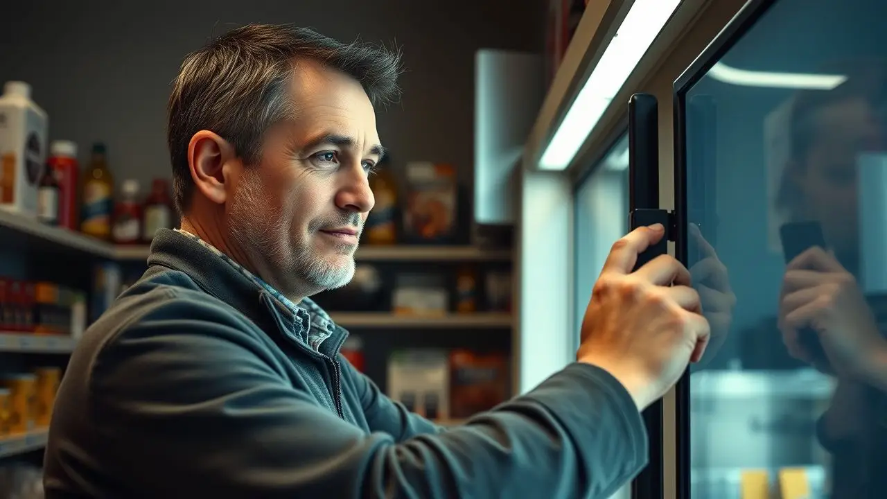 A male store owner adjusting digital signage in small retail store. A male store owner adjusting digital signage in small retail store.