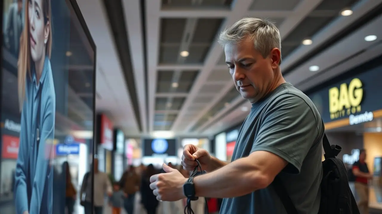 A man works on a digital signage display in a shopping mall.