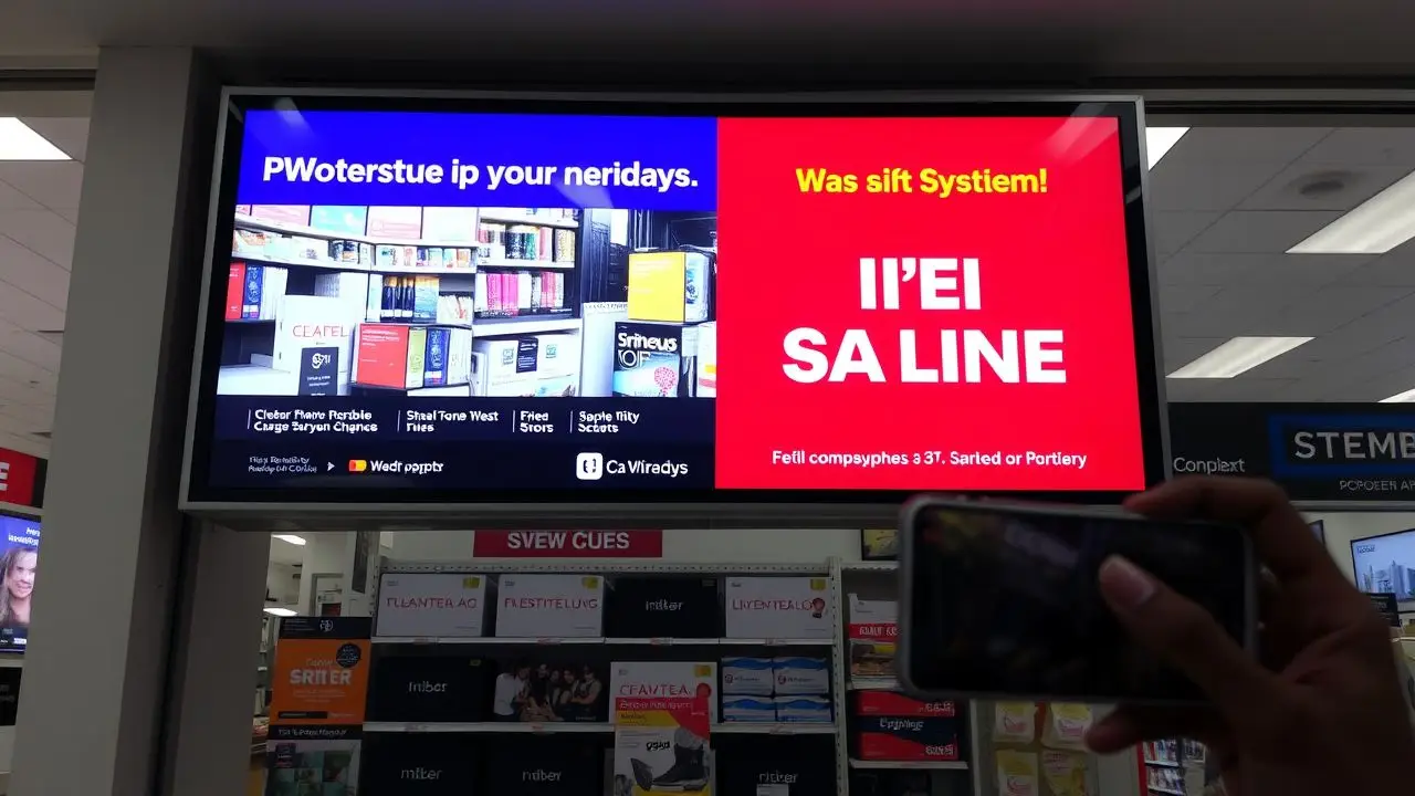 A digital retail store sign showcases colorful product promotions. A digital retail store sign showcases colorful product promotions.
