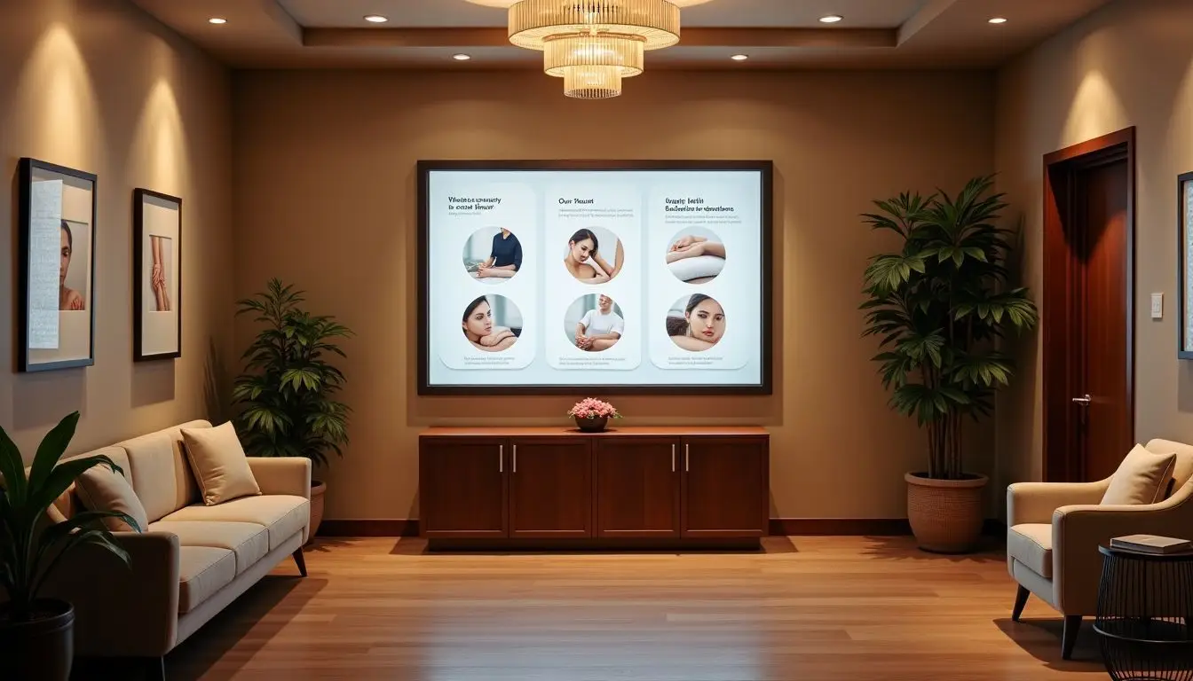 A cozy spa reception area with personalized treatments and special promotions.