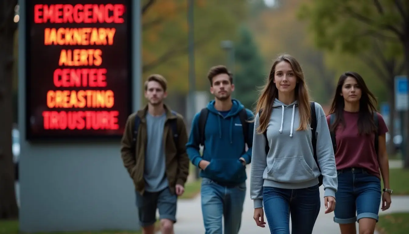 A group of college students walking past emergency alert sign on campus. A group of college students walking past emergency alert sign on campus.