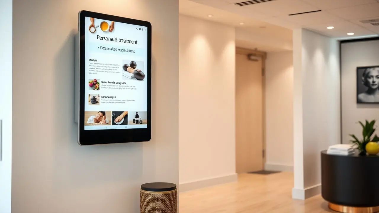 A digital signage screen in a spa lobby showcases personalized treatments.
