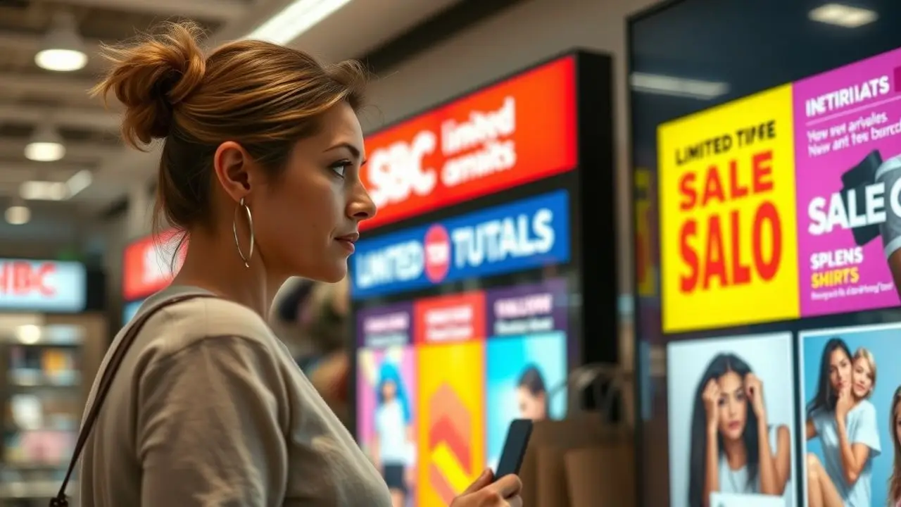 A woman looks at a digital signage display in a retail store. A woman looks at a digital signage display in a retail store.