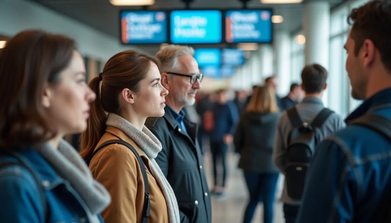 A group of customers of various ages wait in a modern area.