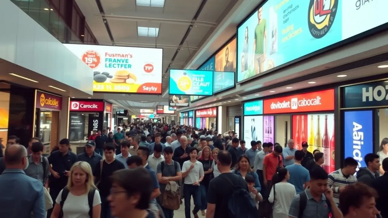 A crowded shopping mall with bright digital signs and busy shoppers.