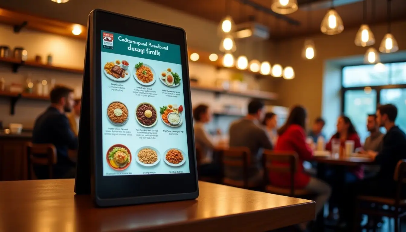 A digital sign in a restaurant displaying food images and offers.