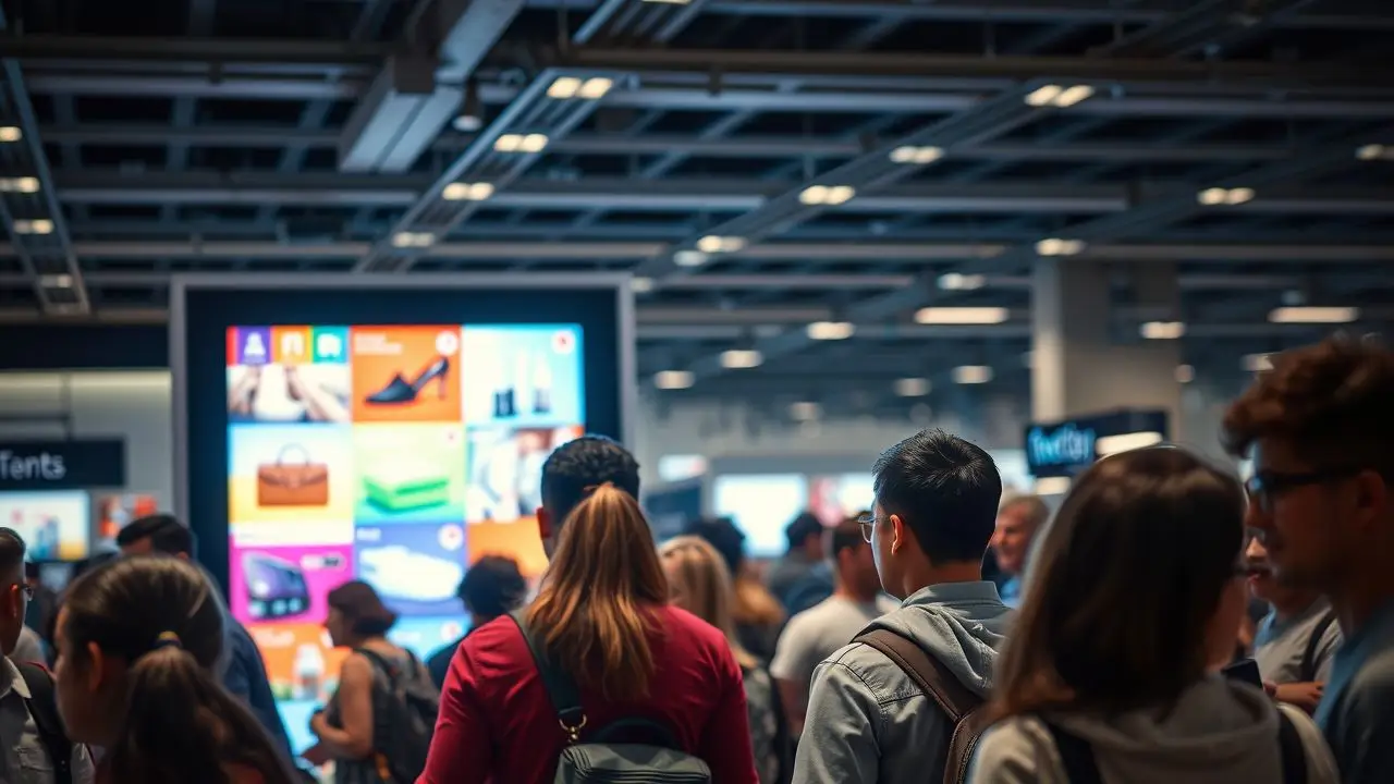 A crowded retail store with a colorful digital product display. A crowded retail store with a colorful digital product display.
