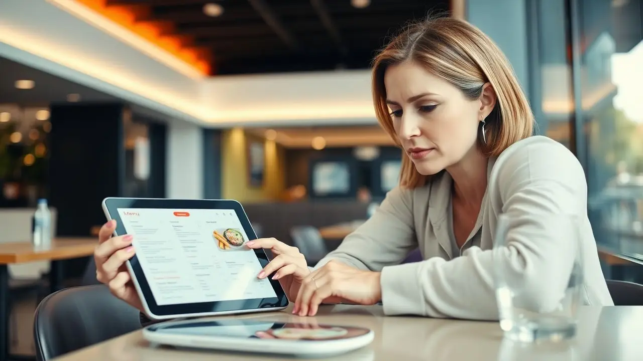A woman in a casual setting, using a digital menu at a restaurant.