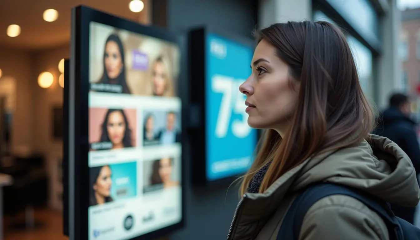 A woman looks at salon promotions on a digital display.