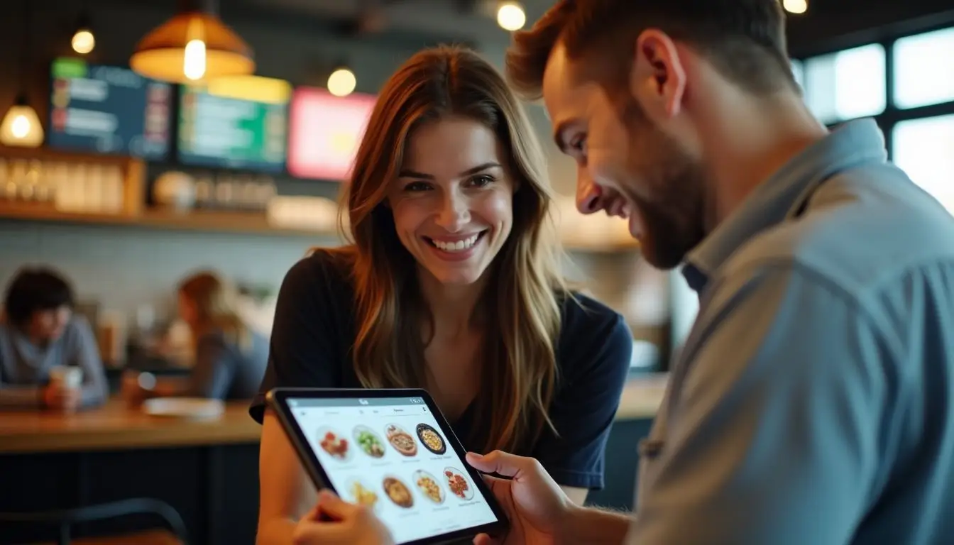 A couple in their 30s using a digital menu at a modern restaurant.
