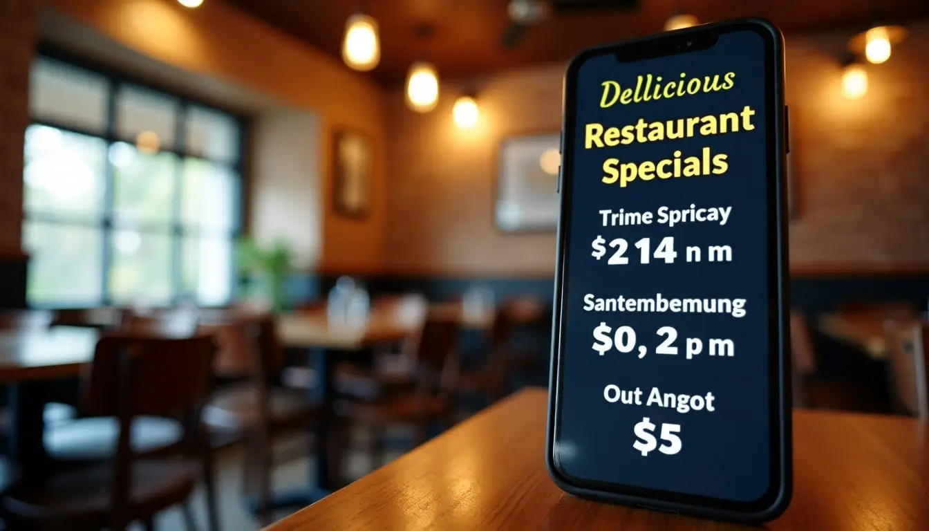 A cozy restaurant dining room displays specials and events on digital sign.