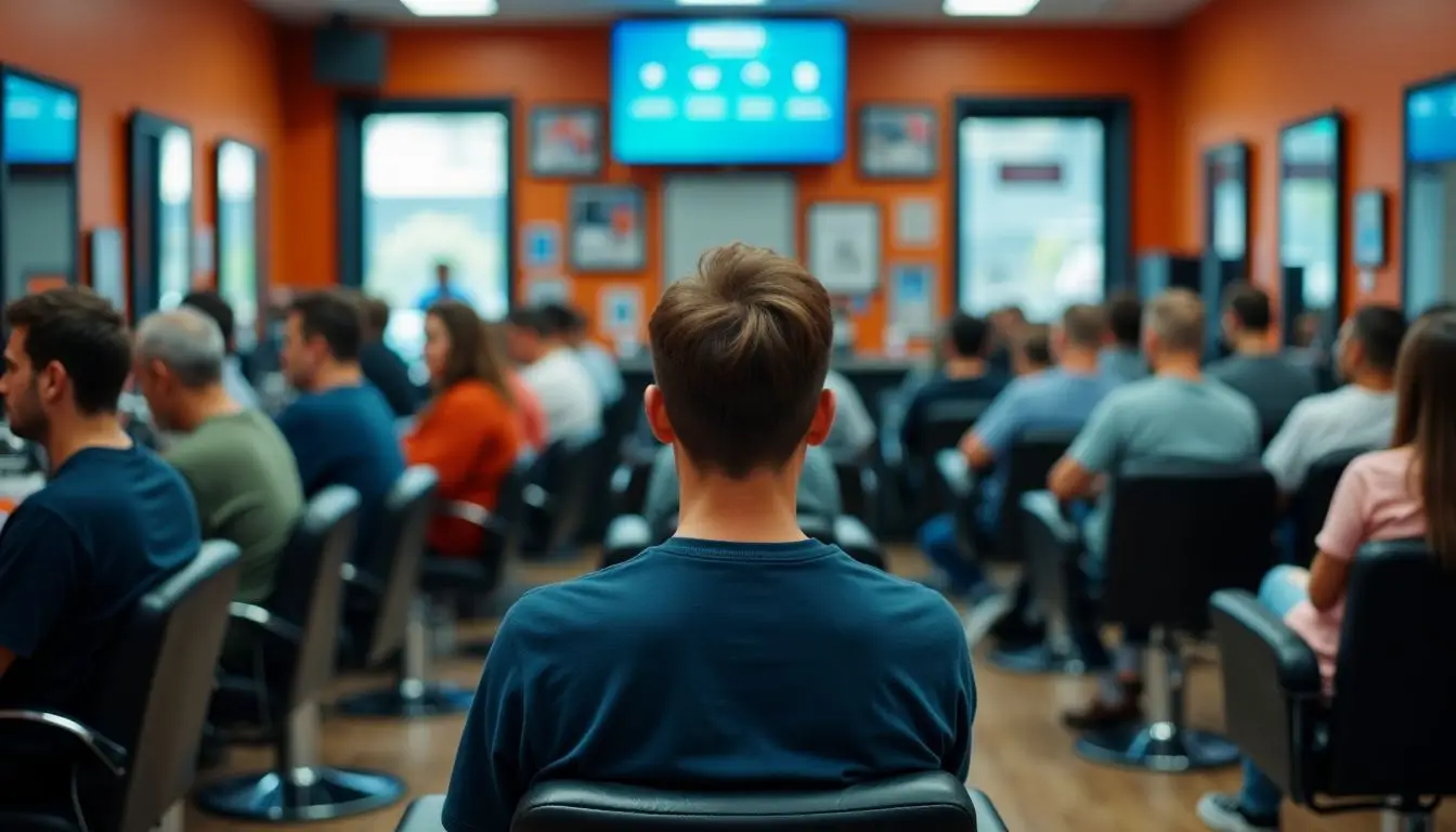 A busy barber shop with customers checking wait times and services.