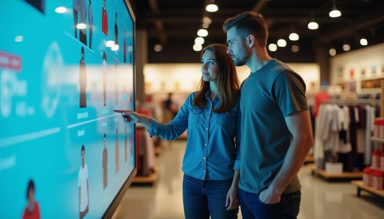 A couple in a retail store interacts with a digital sales display. A couple in a retail store interacts with a digital sales display.