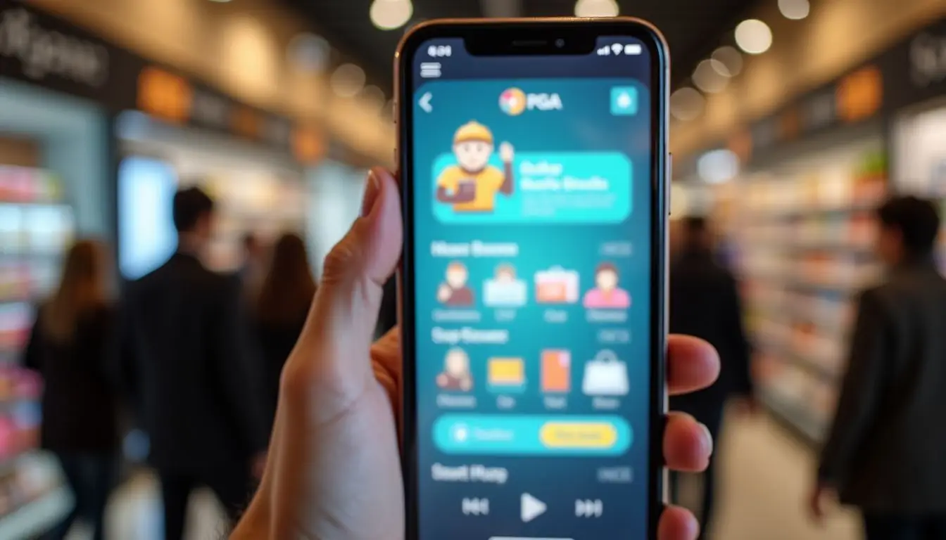 An interactive digital signage display in a retail store engages adult shoppers. An interactive digital signage display in a retail store engages adult shoppers.