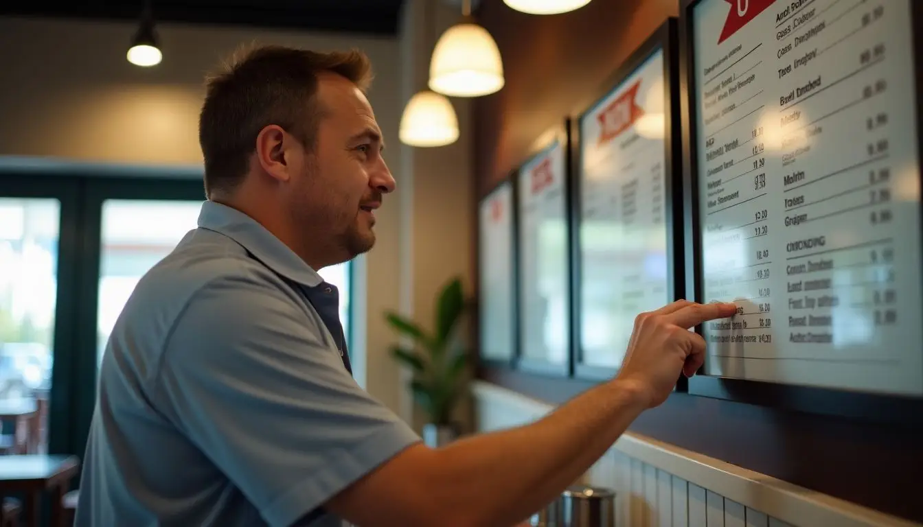 A man in his mid-30s updating a digital menu board in a restaurant.