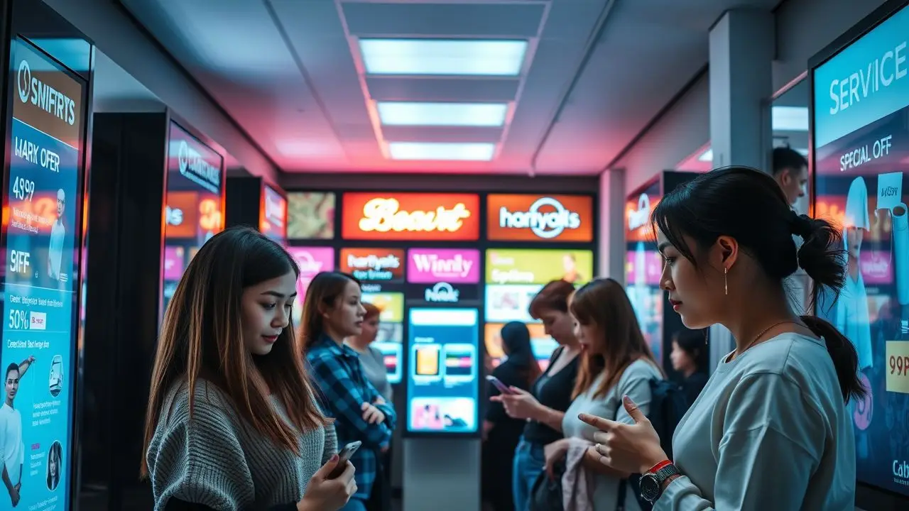 A modern beauty salon with digital signs and interactive touch screens.