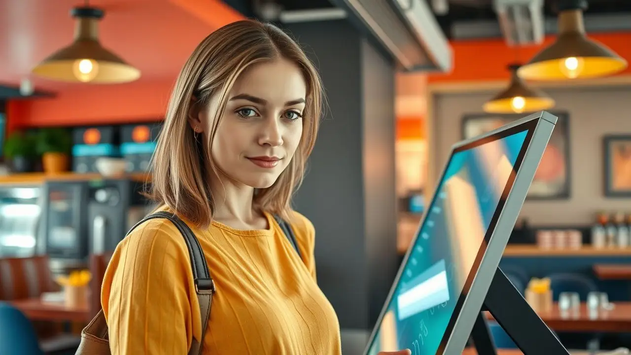 A woman updating digital menu board in trendy restaurant.