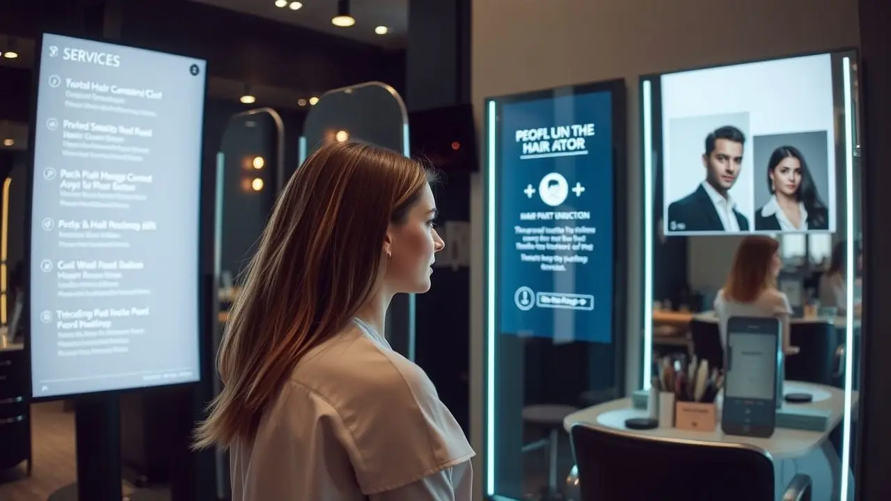 A modern salon with touchscreen displays, smart mirror, and stylish ambiance.