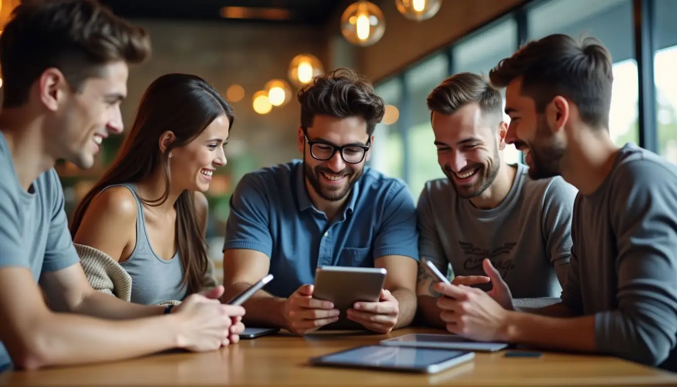 A group of young adults using digital menus in a modern restaurant.