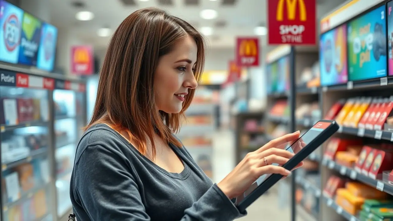 A woman in a retail store using a touchscreen display for shopping. A woman in a retail store using a touchscreen display for shopping.