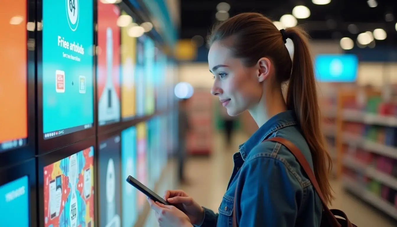 A young woman is shopping in a colorful retail store.
