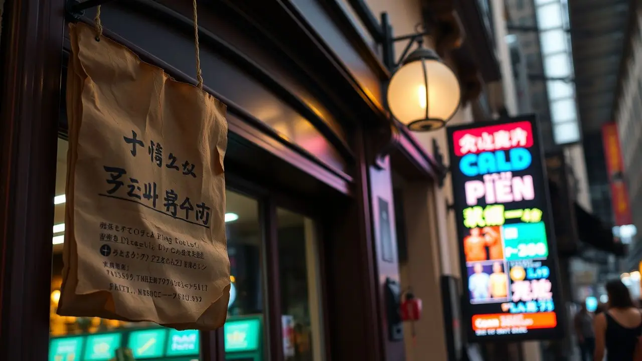 A weathered paper sign hangs outside a storefront with colorful promotions.