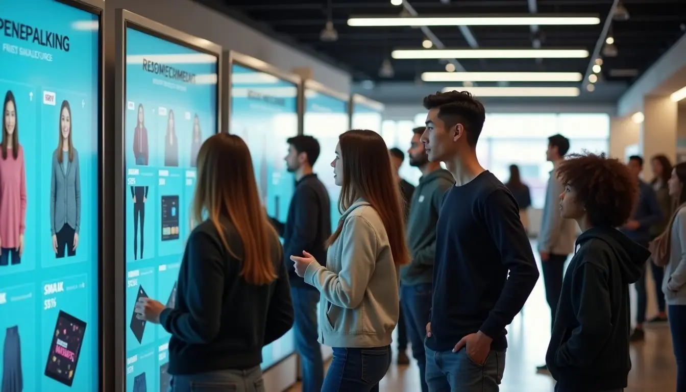 Diverse group of shoppers in a modern retail store browsing digital screens.