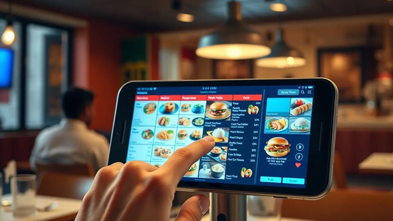 A person using a digital touchscreen menu in a casual restaurant.