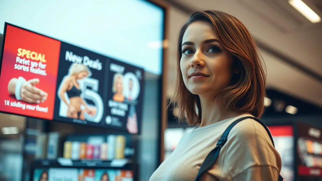 A woman standing in front of a digital display in a store.