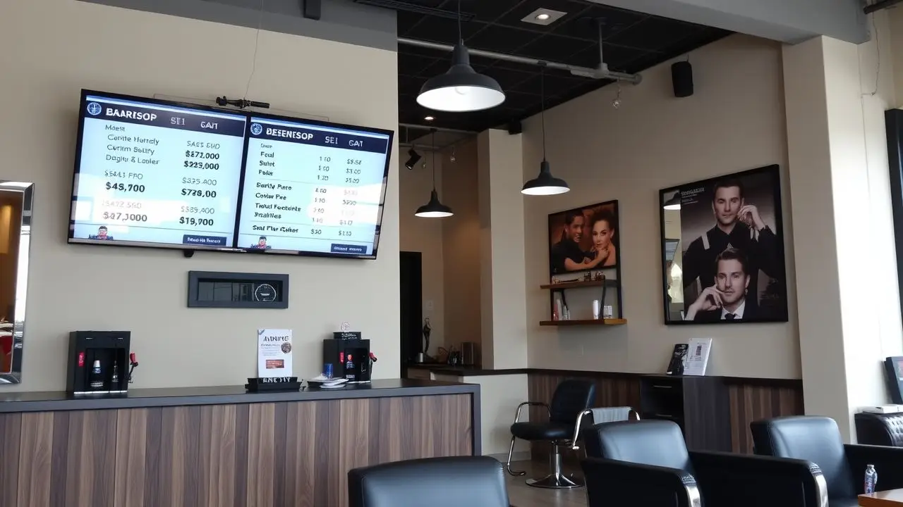 A modern barber shop with digital signage and stylish decor.