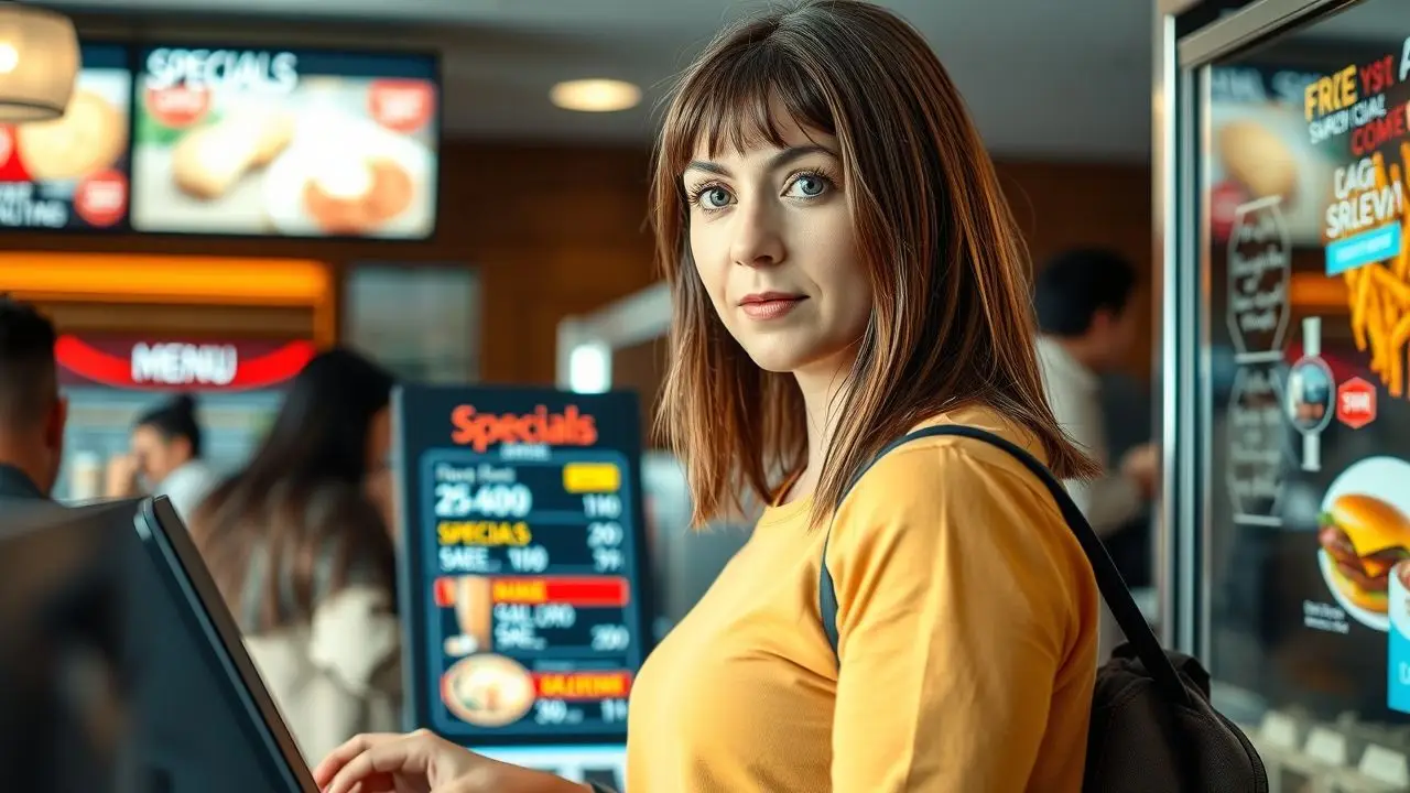 A woman in her 30s interacts with a digital menu in a restaurant.