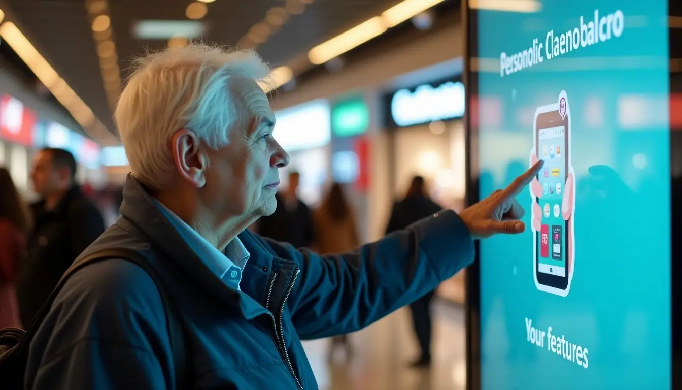 An elderly customer interacting with personalized digital signage in a busy mall. An elderly customer interacting with personalized digital signage in a busy mall.