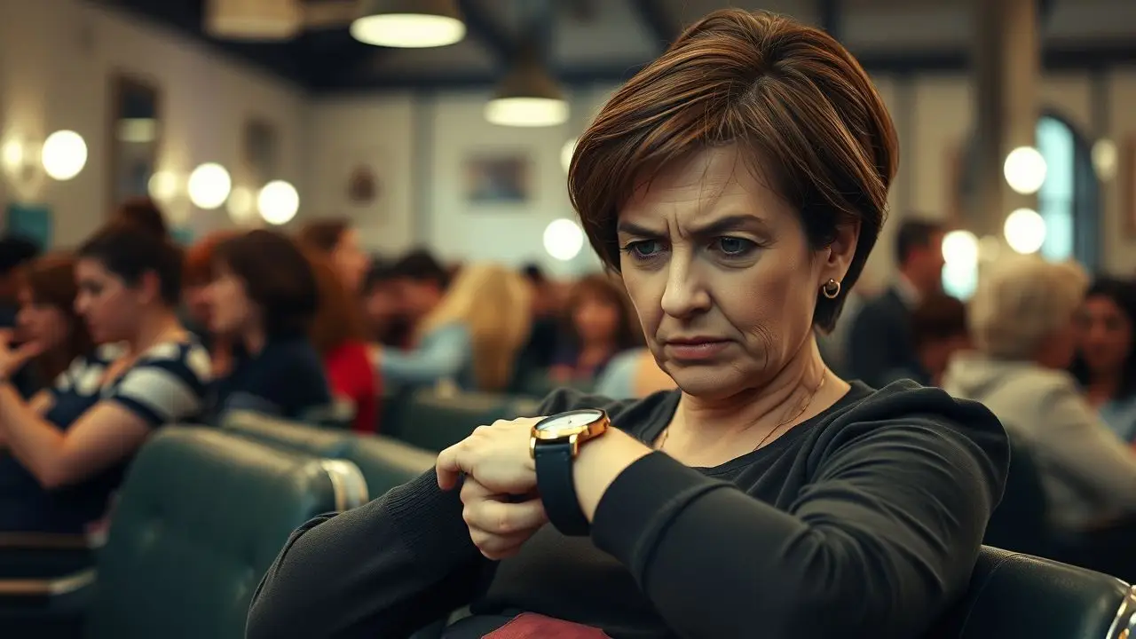 A frustrated woman waits in a crowded, outdated salon with muted decor.