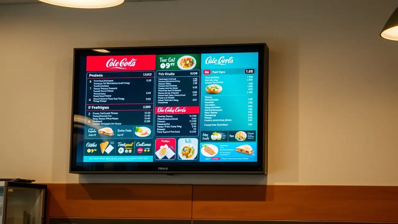 A digital menu on a touchscreen in a restaurant displaying food options.