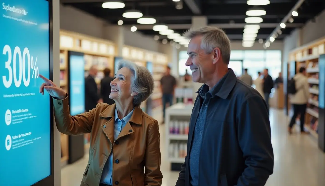 Elderly couple happily exploring a modern retail store with digital signage. Elderly couple happily exploring a modern retail store with digital signage.