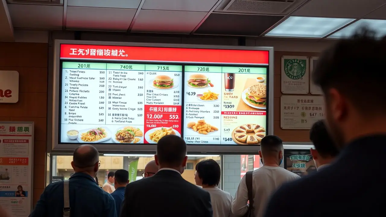 A digital menu board in a busy restaurant with no customers.