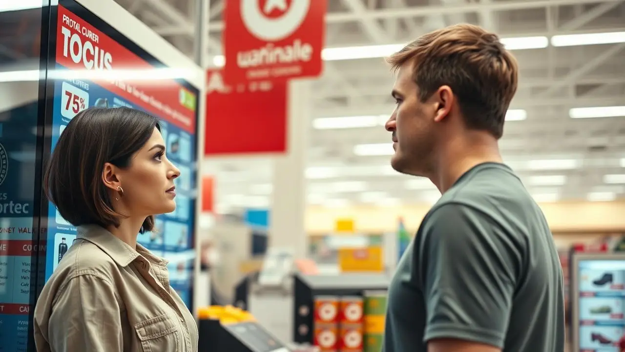 A man and woman in a retail store looking at a digital sign. A man and woman in a retail store looking at a digital sign.