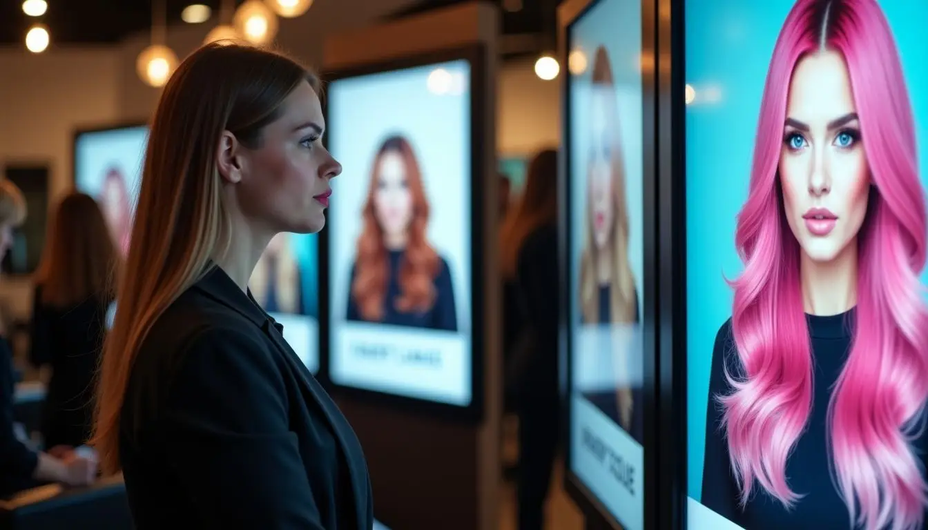 A female hairstylist in her 30s working in a trendy, modern salon.