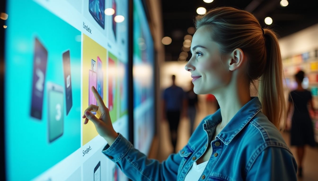 A woman in her late 30s interacting with a digital signage display in a retail store.