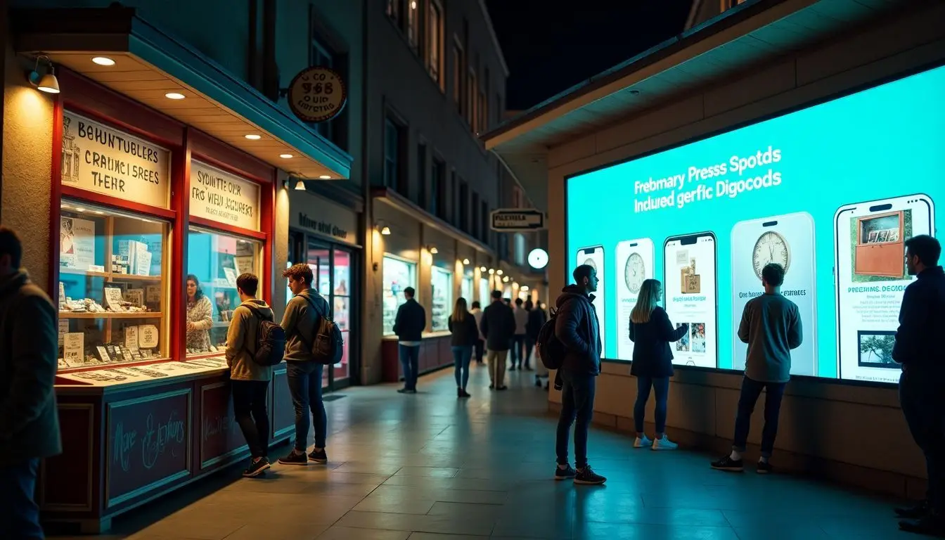A photo showing the contrast between a vintage corner store and a modern retail store.