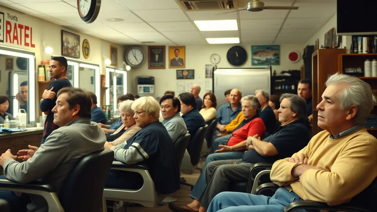 A crowded barber shop with customers waiting for their turn.
