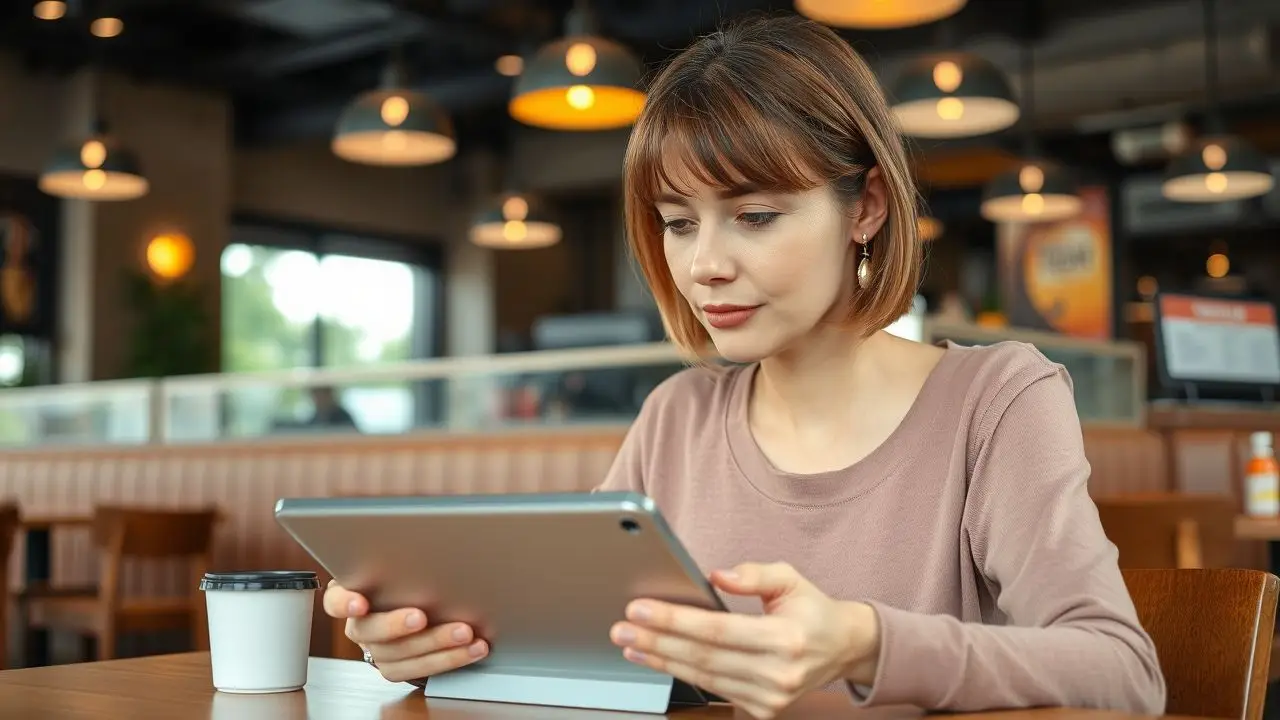 A woman in her mid-30s browsing a digital menu at a restaurant.