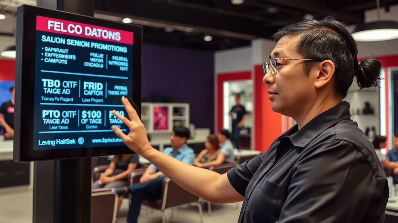 A salon manager updates digital promotions in a modern salon setting.