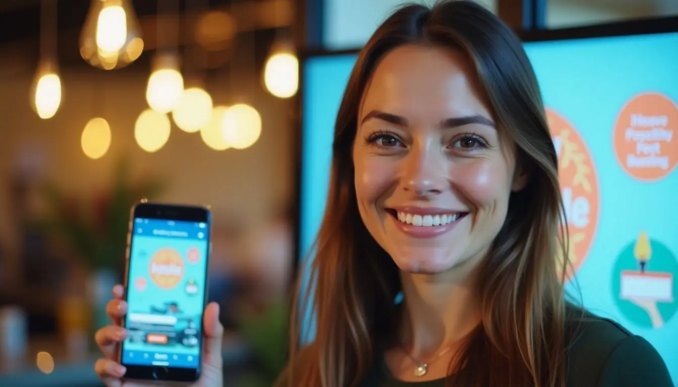 A woman posing in front of her business advertisement with a smartphone.