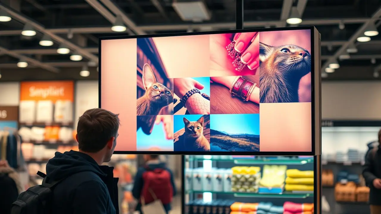 A retail store with a high-resolution screen displaying vibrant images.